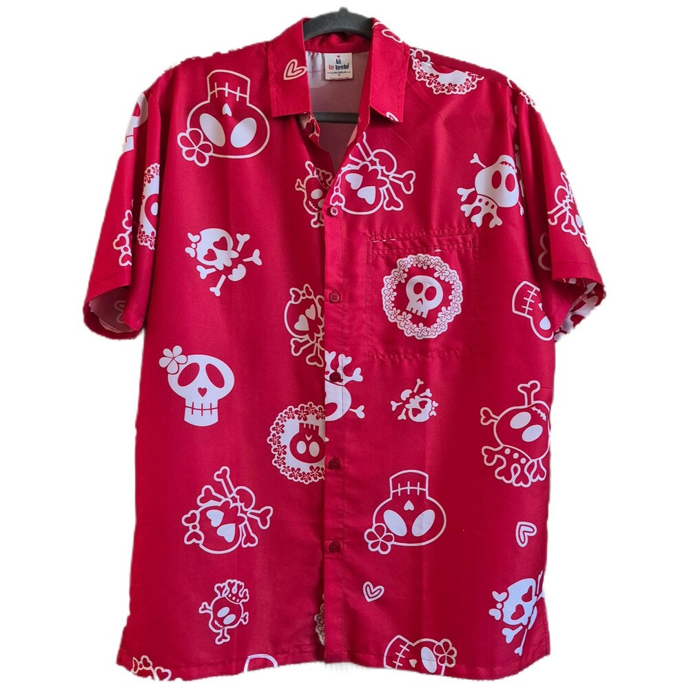 La La LeeLa Men's Shirt Size S Red Aloha Skulls Skater Whimsy Goth EUC